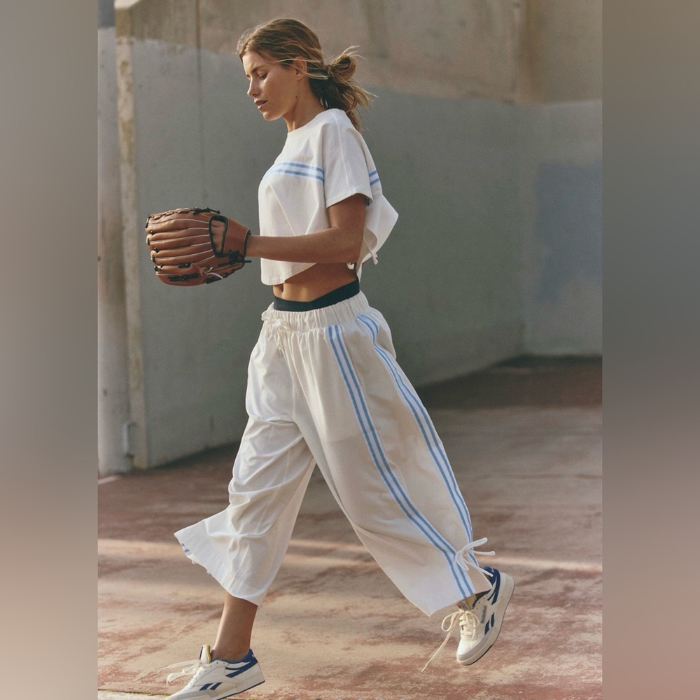 Free People White Track Jogger Pants with Light Blue Stripes